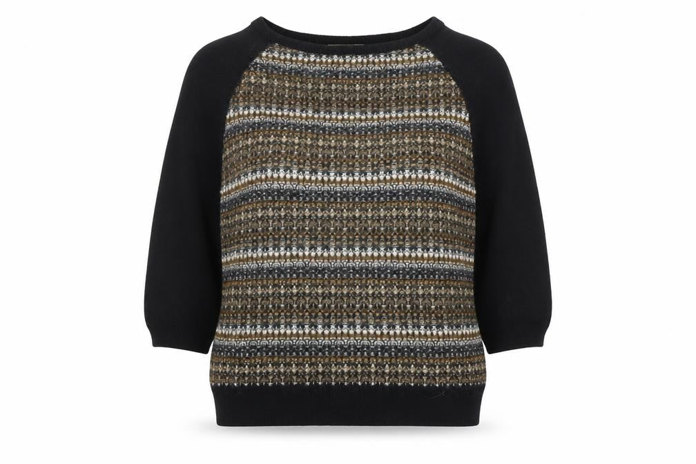 Sessùn Women's Black Striped Wool Blend 3/4 Sleeve Pullover Jumper M