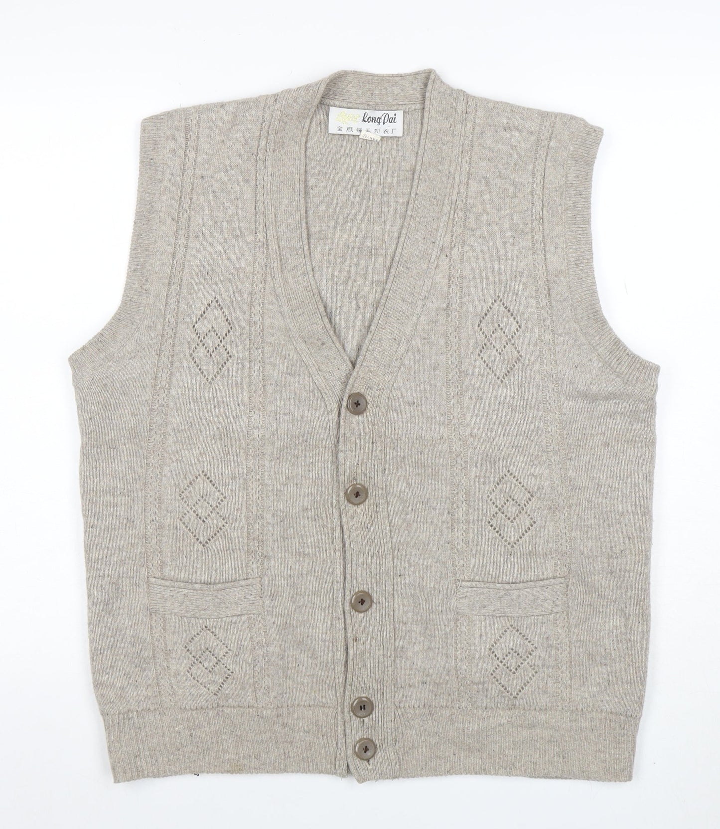 Long Dai Men's Beige Wool V-Neck Argyle Button Vest 2XL