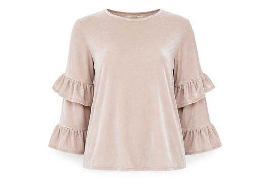 Front view of Tu Woman Beige Velvet Ruffle Sleeve Blouse, size 14