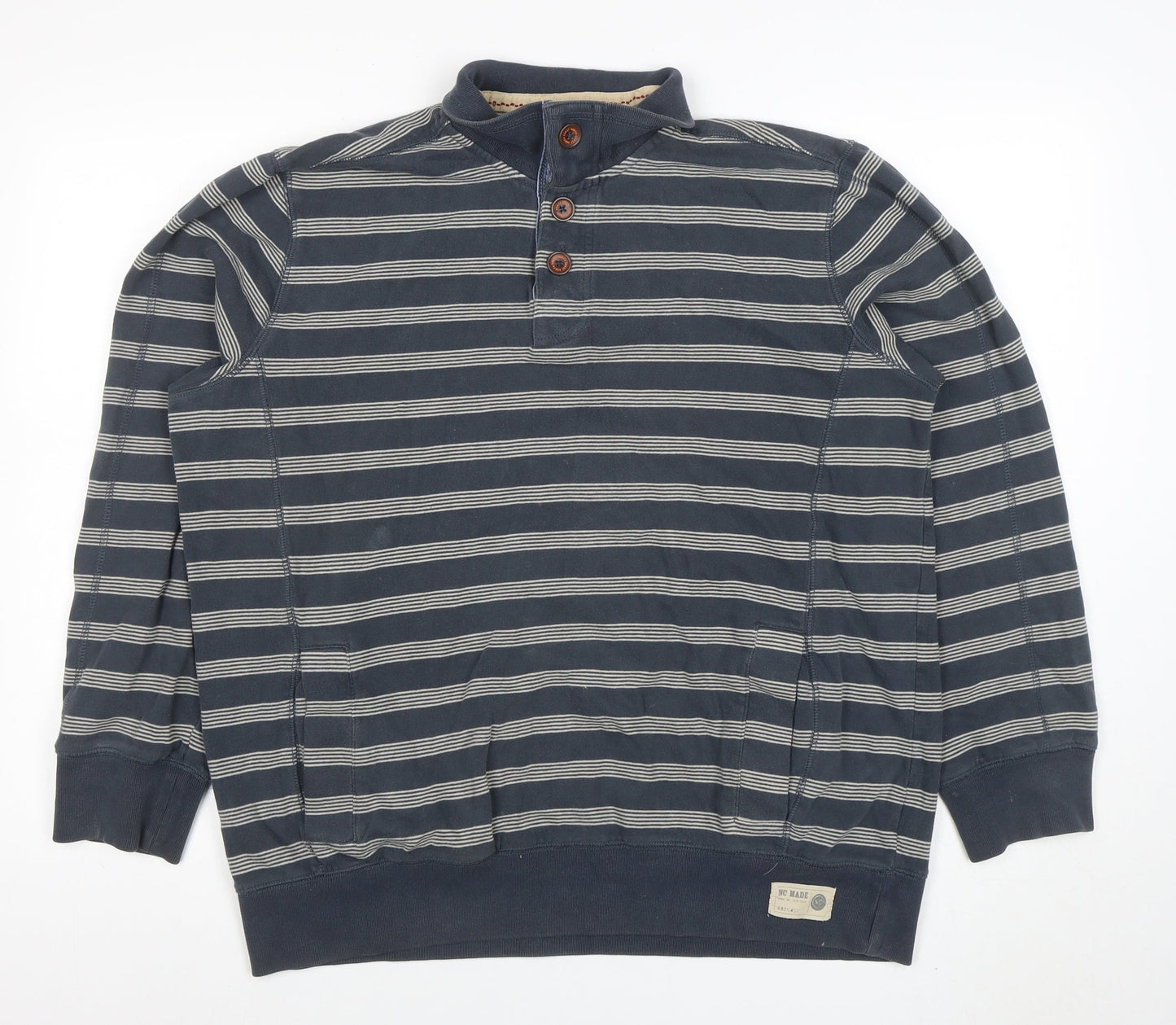 Marks and Spencer Men's Blue Striped Long Sleeve Cotton Polo M