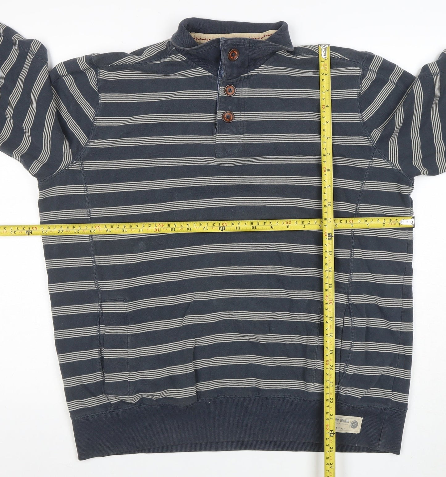 Marks and Spencer Men's Blue Striped Long Sleeve Cotton Polo M