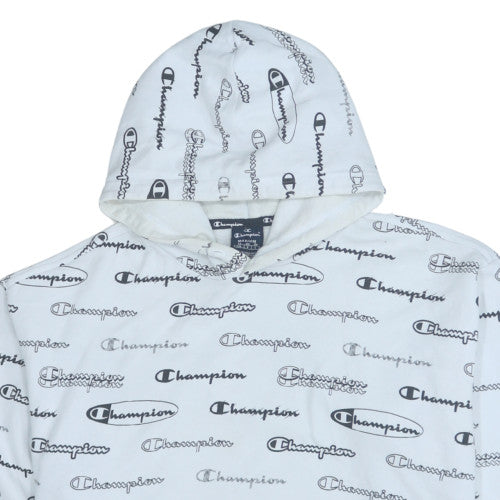 Champion Mens White Logo Print Pullover Hoodie Medium