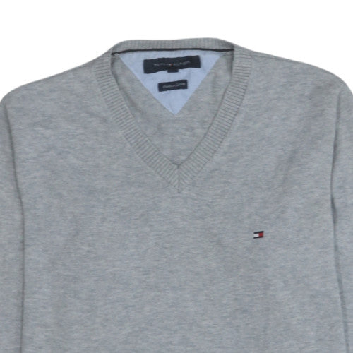 Tommy Hilfiger Men's Grey V-Neck Cotton Jumper Size S