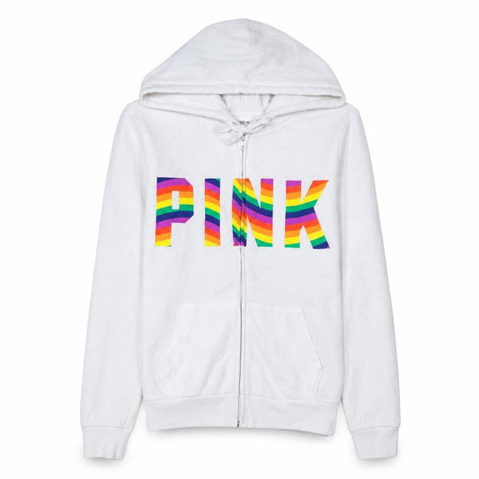 Victoria's Secret PINK Women White XS Full Zip Hoodie Rainbow Logo