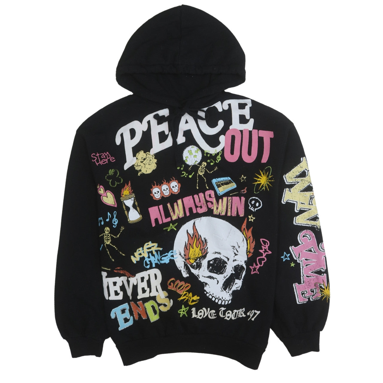 Bershka Womens Black XS Graphic Pullover Hoodie Peace Out Design