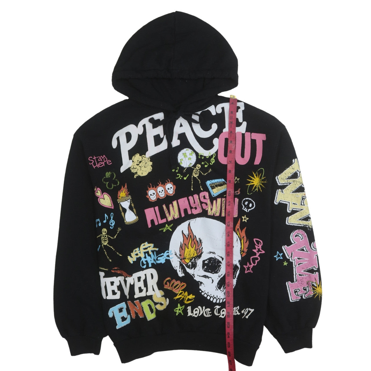 Bershka Womens Black XS Graphic Pullover Hoodie Peace Out Design