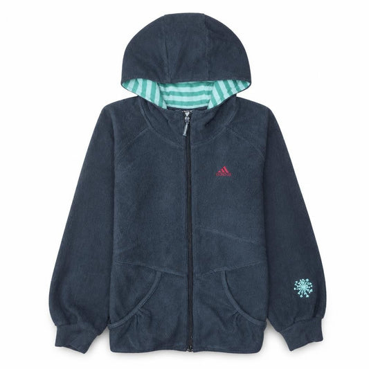 Front view of Adidas girls’ grey fleece hooded full zip jacket 7-8 years climawarm