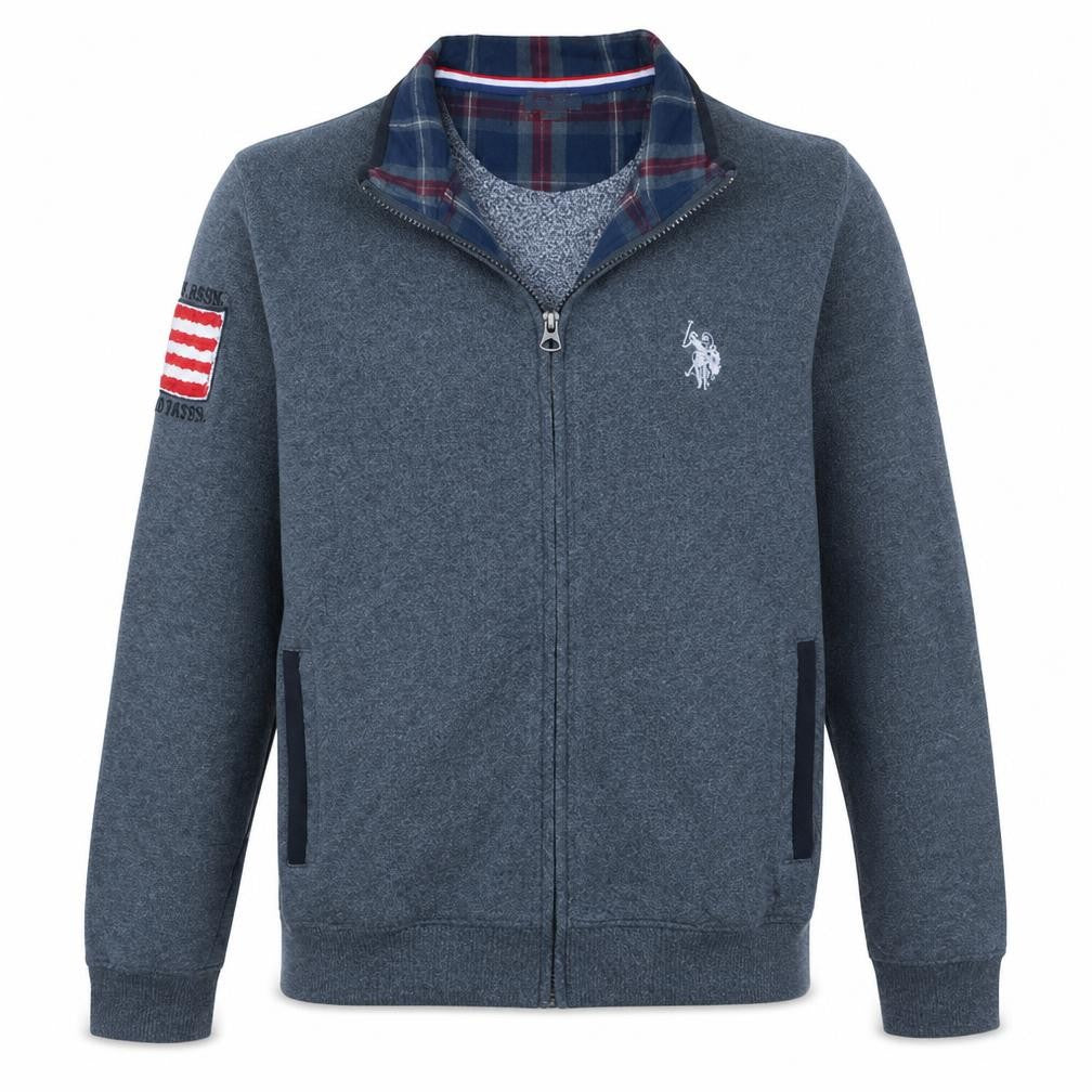 U.S. Polo Assn. Men's Grey Full Zip Hoodie M Plaid Collar