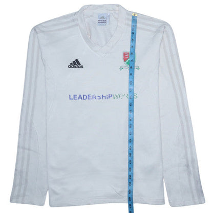 Close-up detail of Adidas Men's White V-Neck ClimaWarm Pullover Sweatshirt, size M