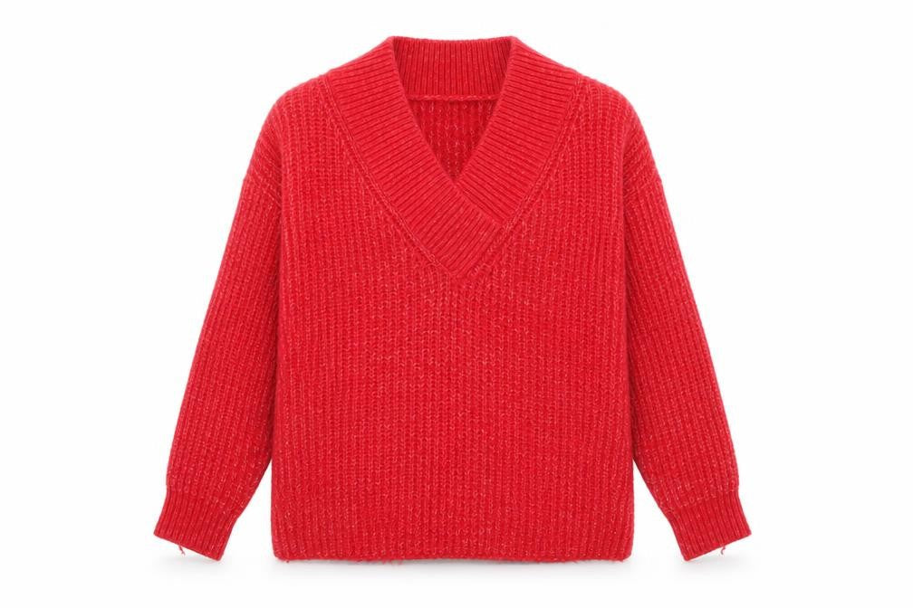 MNG Women's Red V-Neck Chunky Knit Wool Blend Jumper Size L