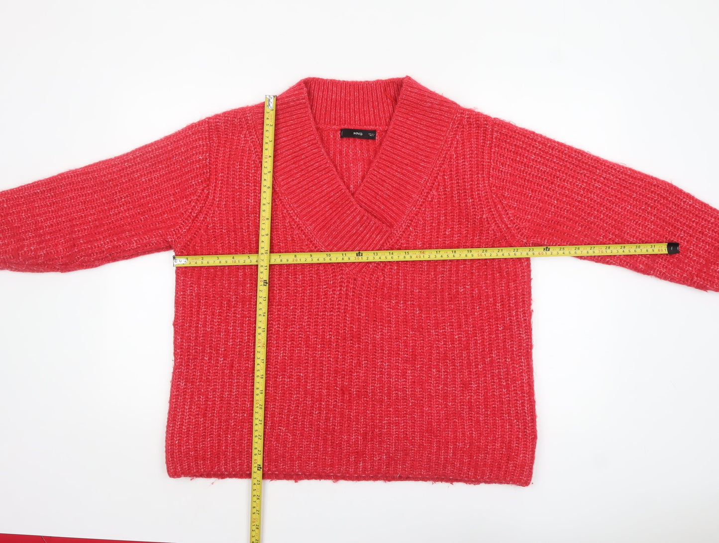 MNG Women's Red V-Neck Chunky Knit Wool Blend Jumper Size L