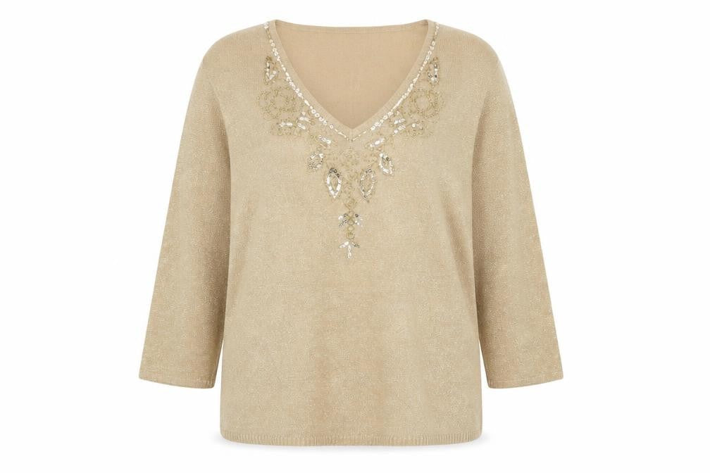 M&Co Women's Beige Sequin V-Neck 3/4 Sleeve Pullover Jumper XL