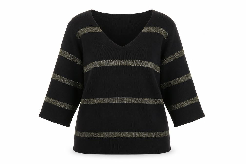 Marks & Spencer Womens Black Metallic Stripe V-Neck Jumper Size 18