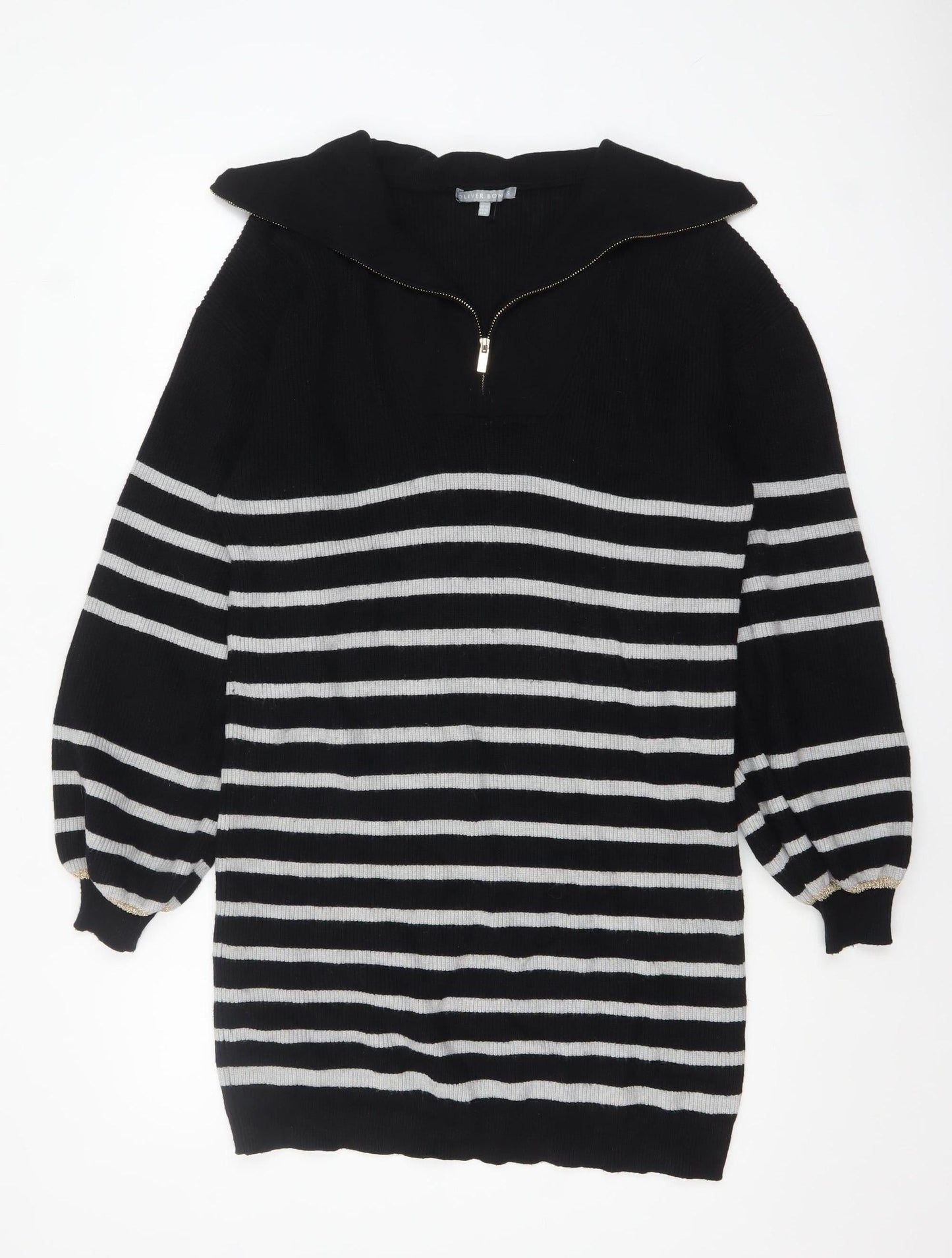 Oliver Bonas Women’s Black Striped Collared Zip Knit Jumper Size 10