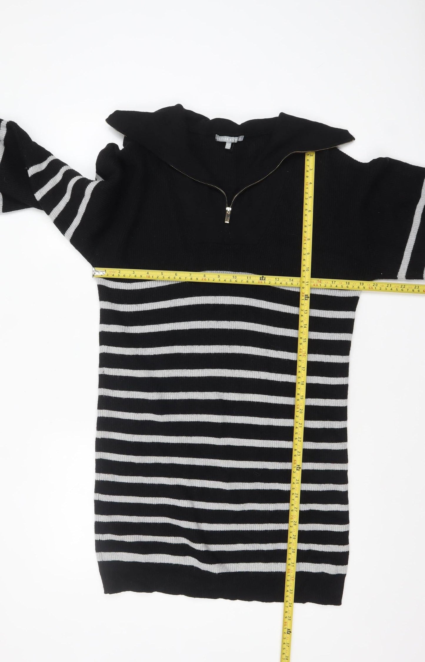 Oliver Bonas Women’s Black Striped Collared Zip Knit Jumper Size 10
