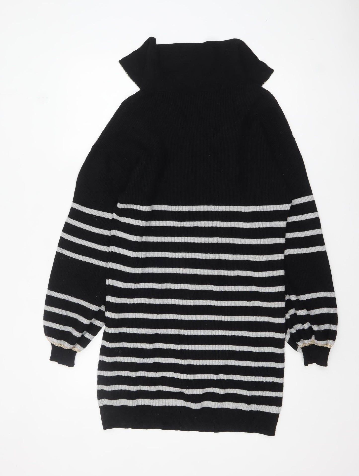 Oliver Bonas Women’s Black Striped Collared Zip Knit Jumper Size 10