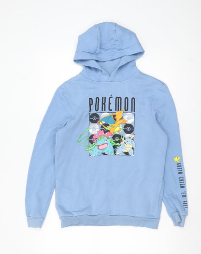 Preloved Pokémon Boys Blue Pullover Hoodie 13-14 Years Graphic Print Cotton Blend - Front
