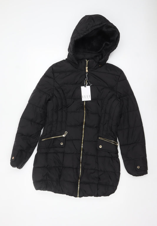 ELLE Women's Black Hooded Puffer Jacket Size 8 Mid-Length