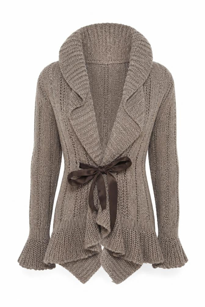 Marks & Spencer Women Mocha Mix Cardigan UK 12 Cotton Knit Tie Detail