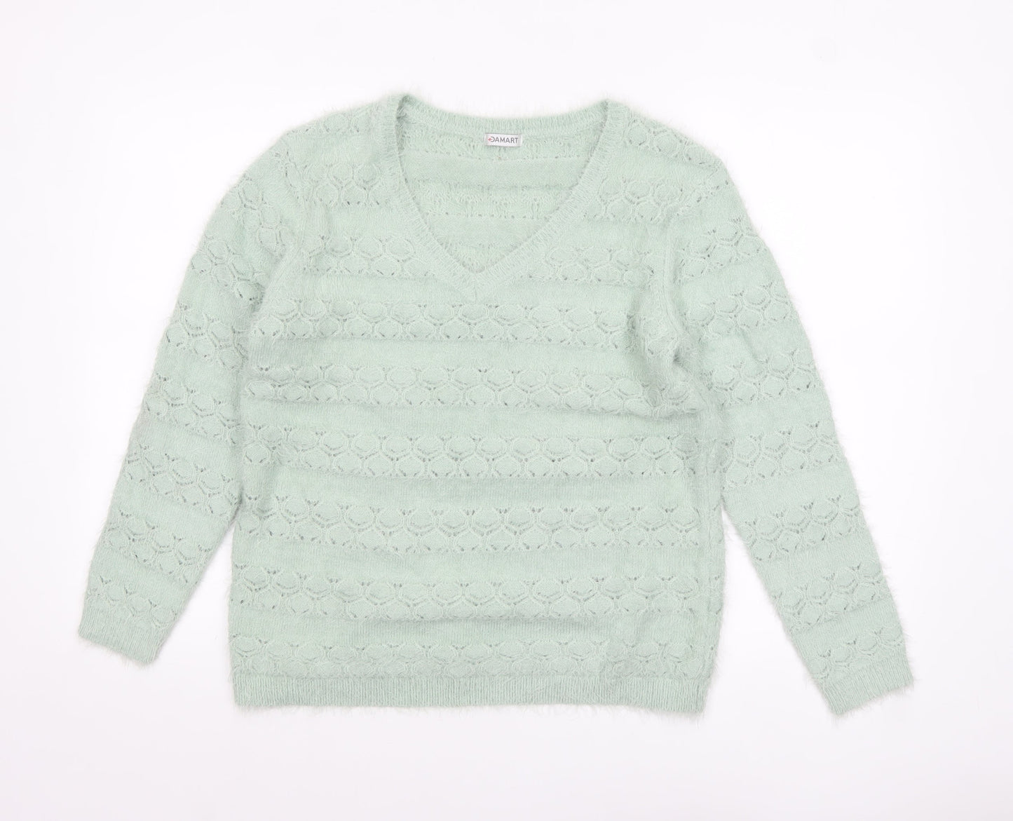 Damart Women Green V-Neck Knit Jumper Size 14 Long Sleeve Pullover