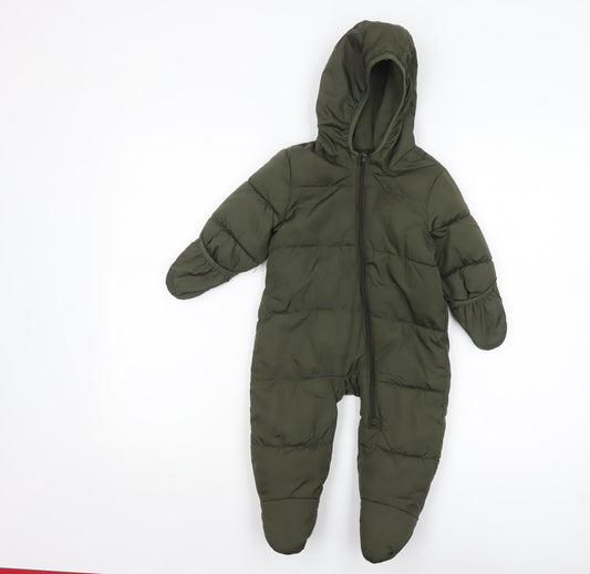 Old Navy Unisex Baby Green Puffer Snowsuit 6-9 Months Hooded Winter Suit
