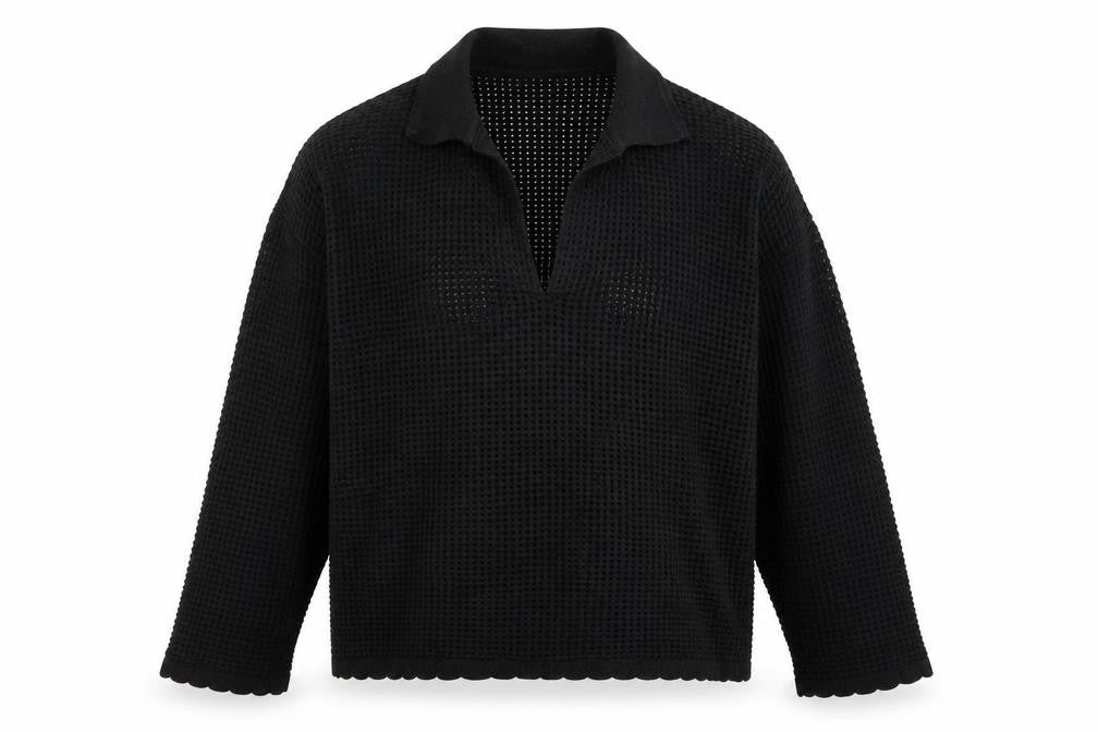 RR Women’s Black Collared Open-Knit Cotton Blend Pullover Jumper Size M
