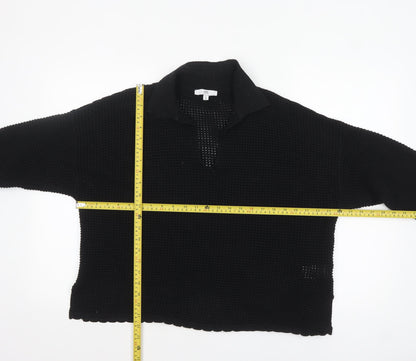 RR Women’s Black Collared Open-Knit Cotton Blend Pullover Jumper Size M