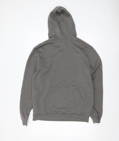 Close-up detail of Puma Men Grey Pullover Hoodie M Logo Fleece Sweatshirt