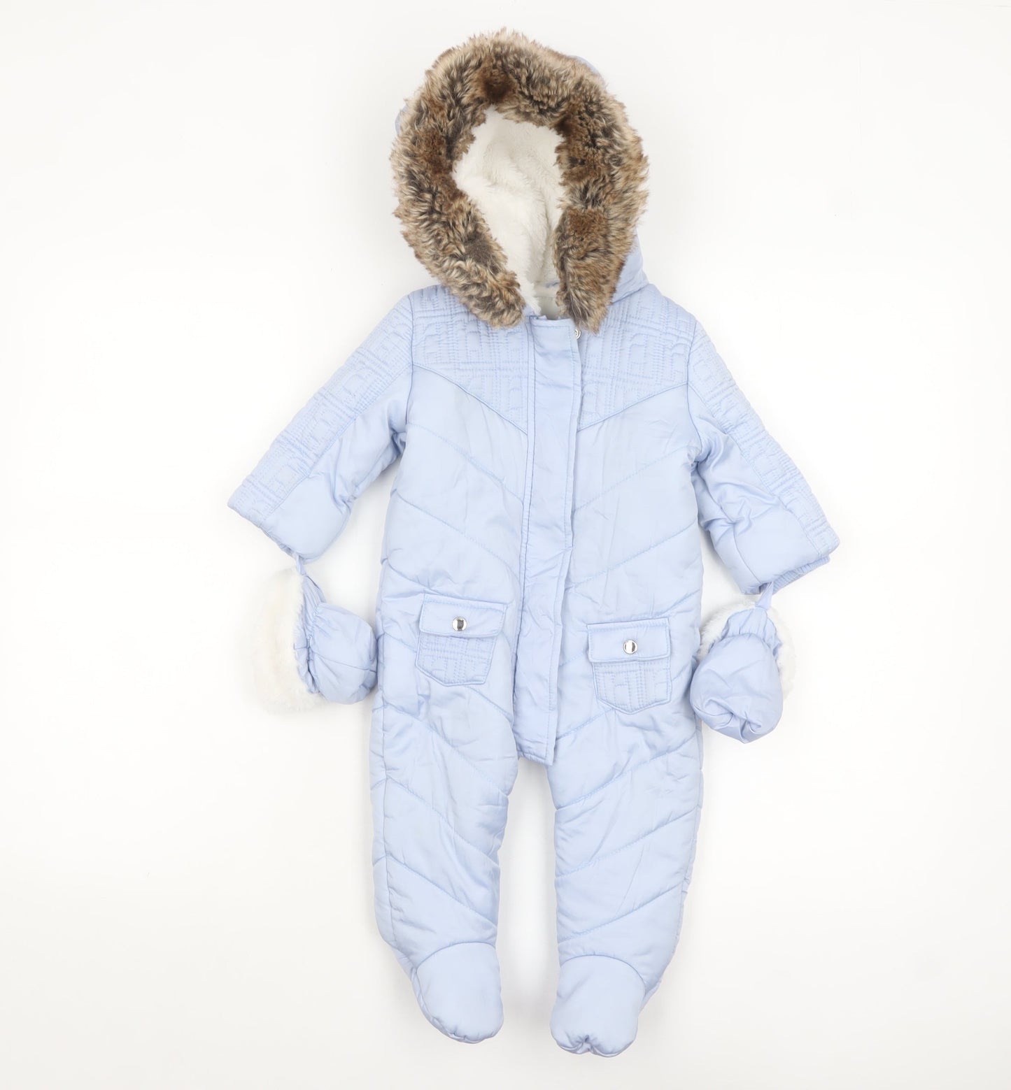 River Island Unisex Baby Blue Padded Faux Fur Hood Snowsuit 6-9 Months