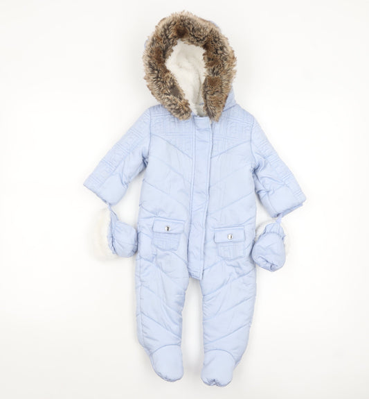 River Island Unisex Baby Blue Padded Faux Fur Hood Snowsuit 6-9 Months