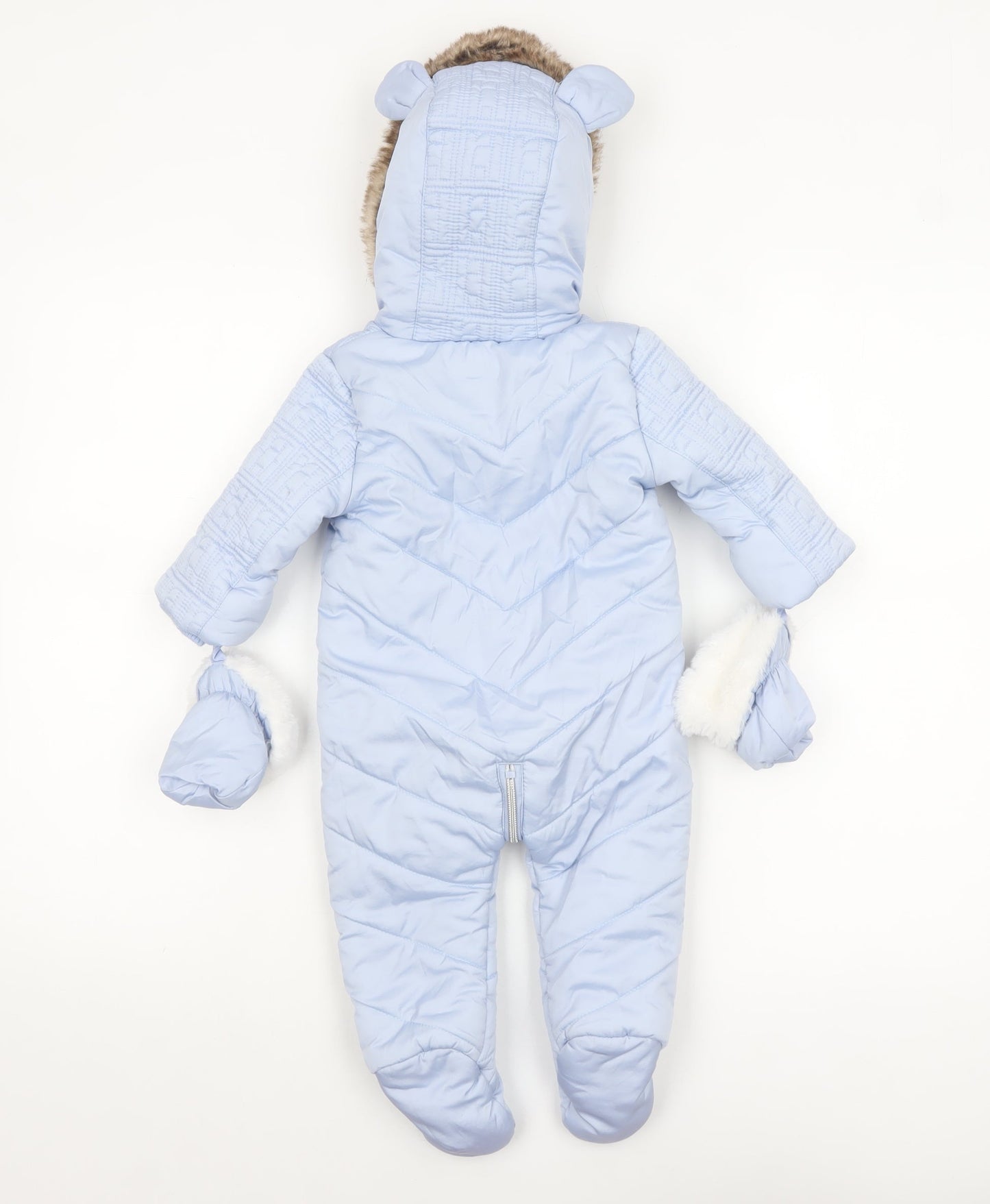 River Island Unisex Baby Blue Padded Faux Fur Hood Snowsuit 6-9 Months
