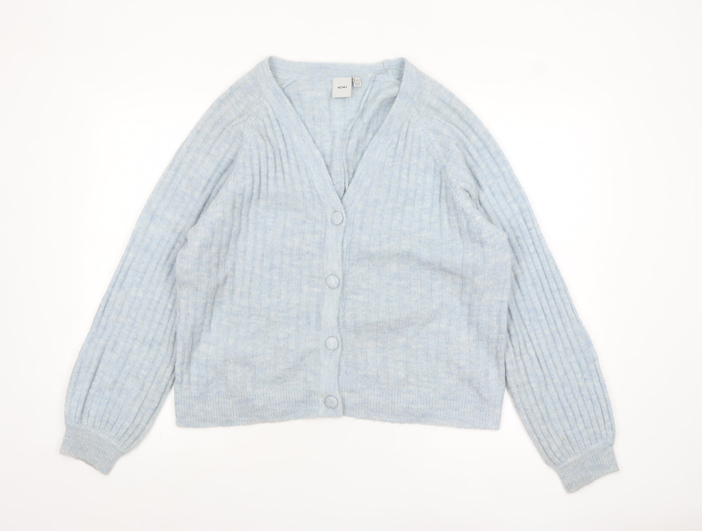 ICHI Women Blue V-Neck Ribbed Knit Long Sleeve Cardigan M