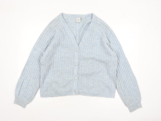 ICHI Women Blue V-Neck Ribbed Knit Long Sleeve Cardigan M