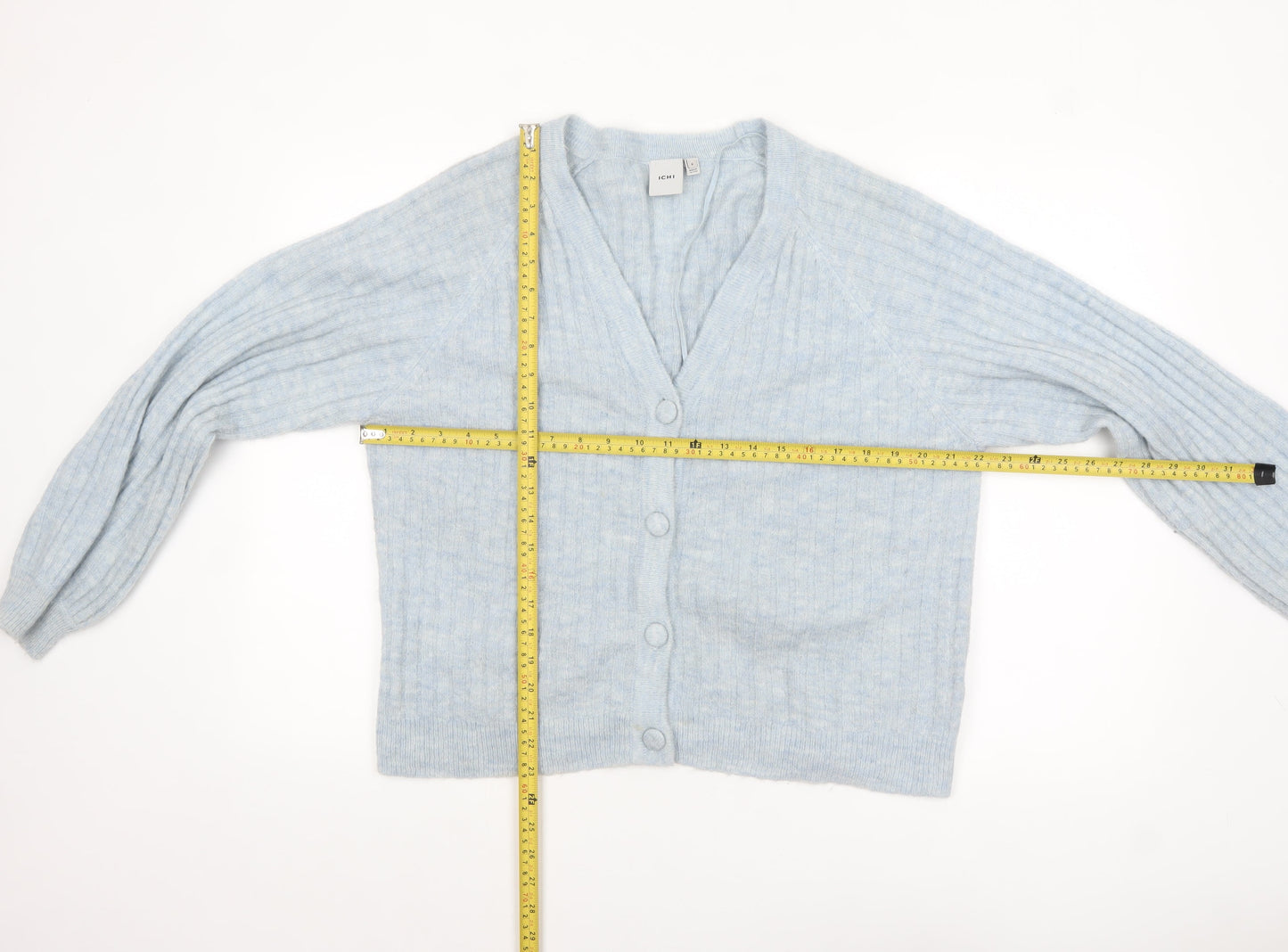 ICHI Women Blue V-Neck Ribbed Knit Long Sleeve Cardigan M