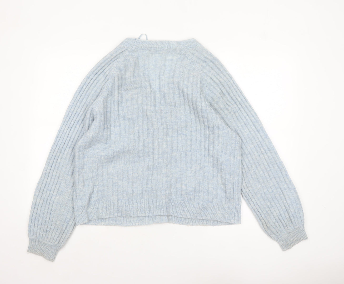 ICHI Women Blue V-Neck Ribbed Knit Long Sleeve Cardigan M