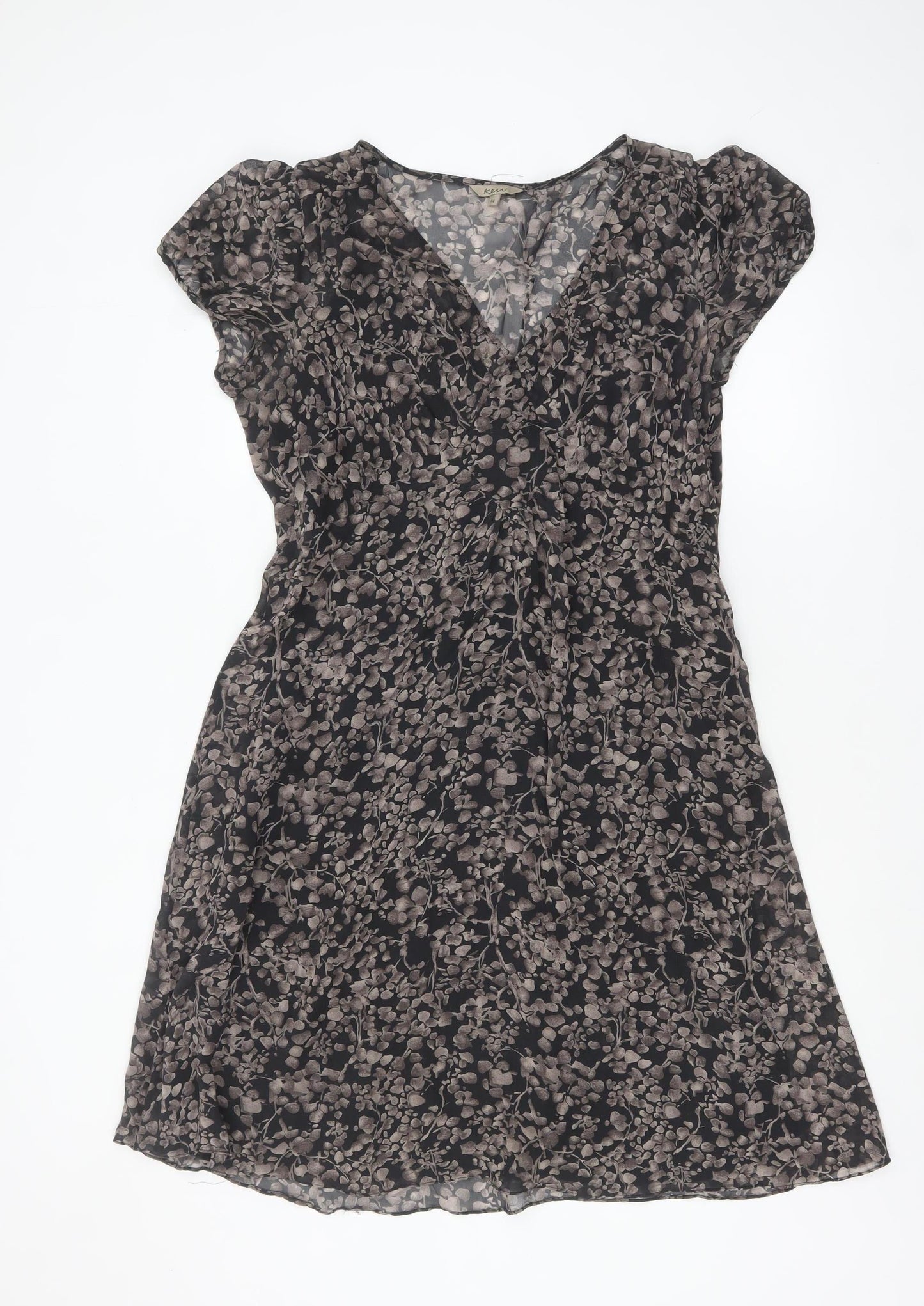 Kew Women’s Black Floral Silk A-Line Short Sleeve Dress Size 14