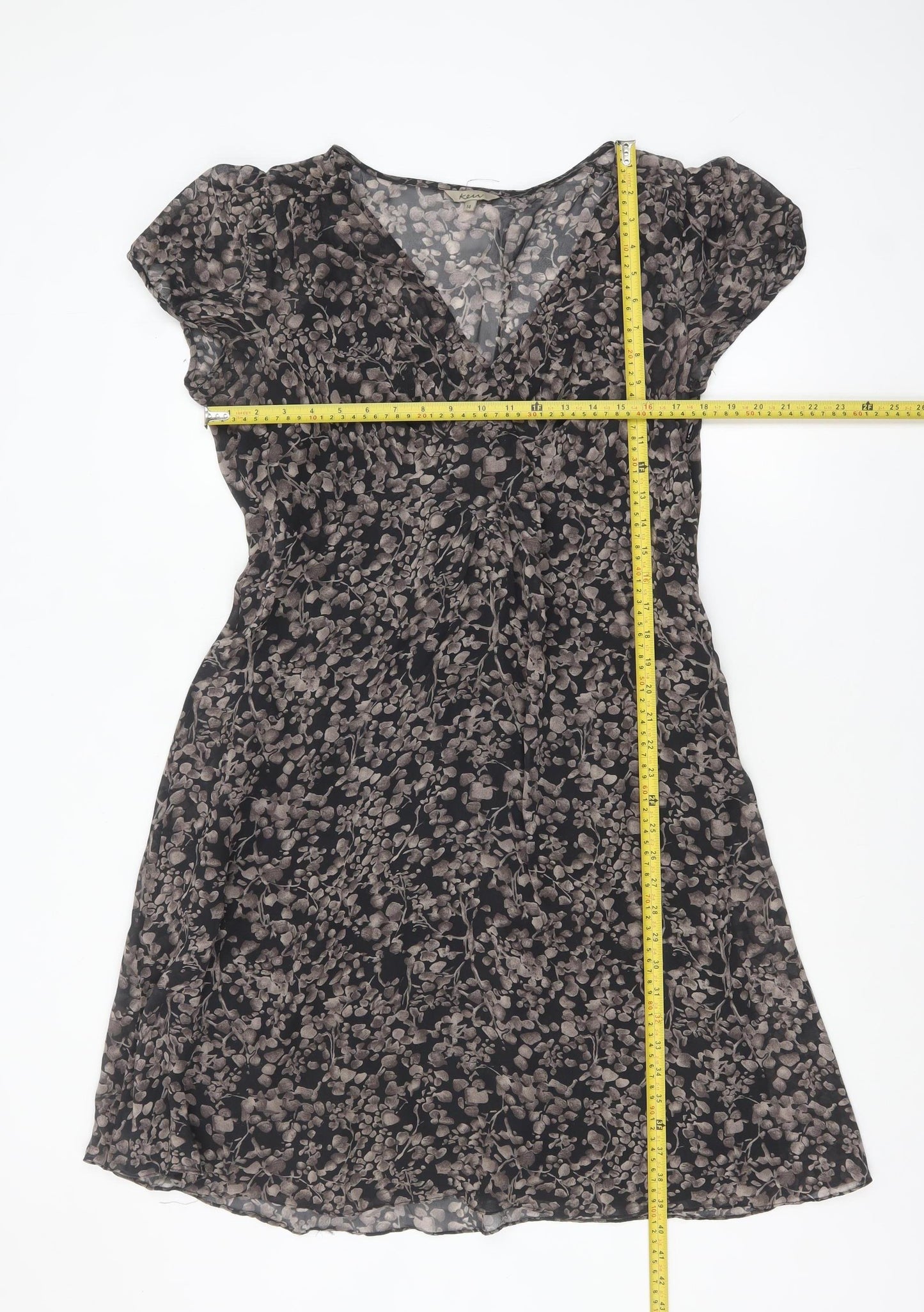 Kew Women’s Black Floral Silk A-Line Short Sleeve Dress Size 14