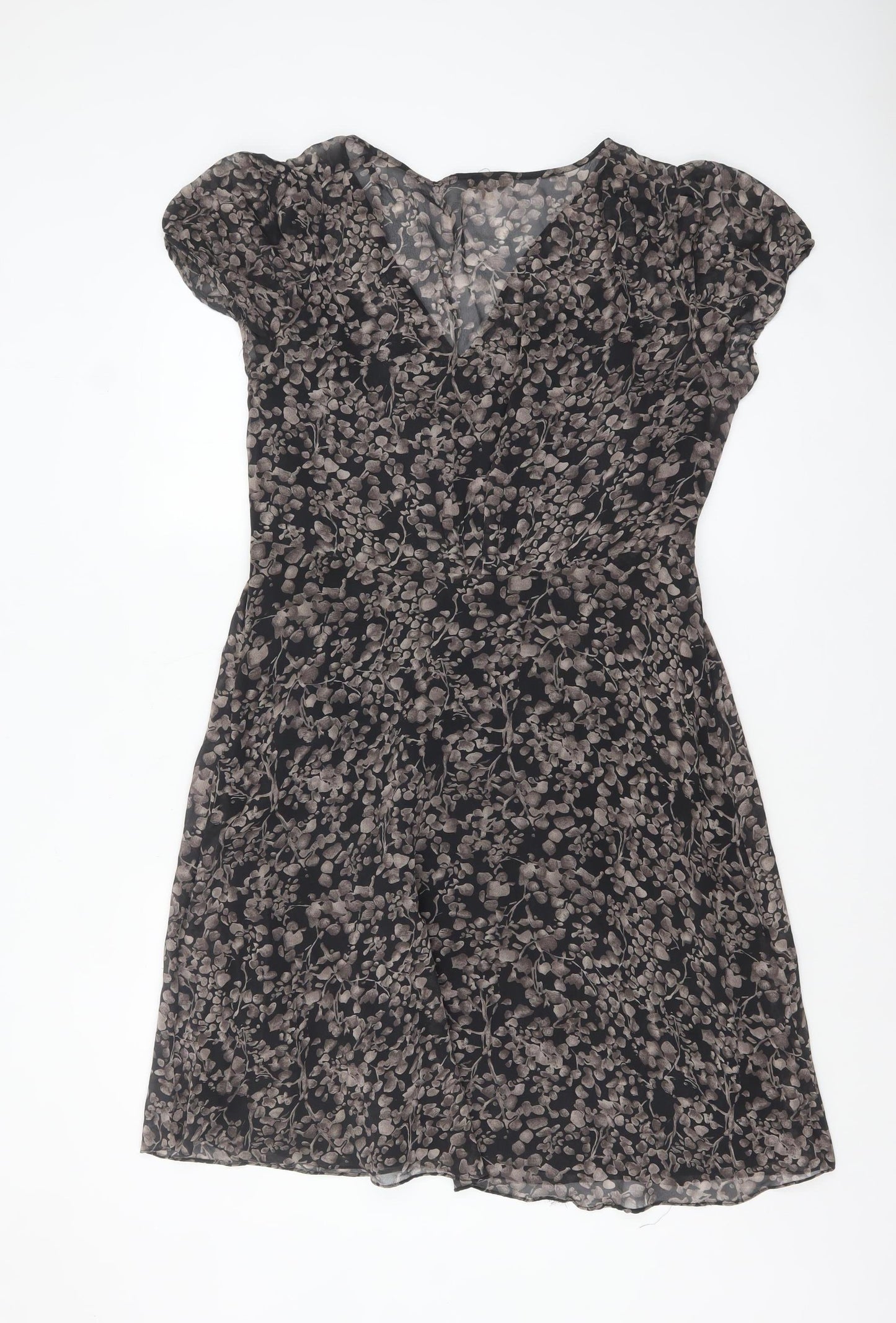 Kew Women’s Black Floral Silk A-Line Short Sleeve Dress Size 14