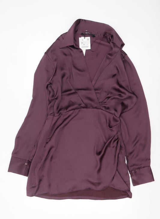 Zara Women Purple Wrap Satin Short Dress Size 12 Long Sleeve V-Neck