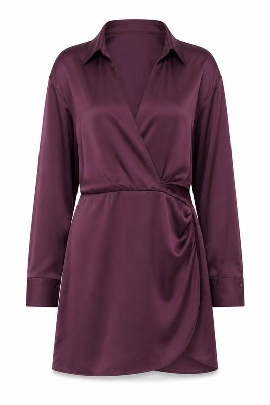 Zara Women Purple Wrap Satin Short Dress Size 12 Long Sleeve V-Neck