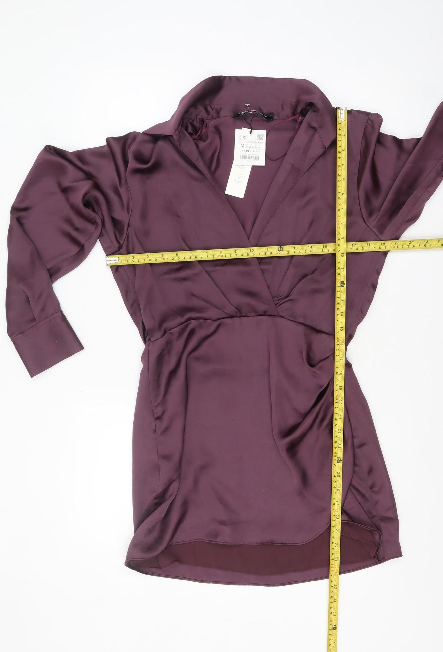 Zara Women Purple Wrap Satin Short Dress Size 12 Long Sleeve V-Neck