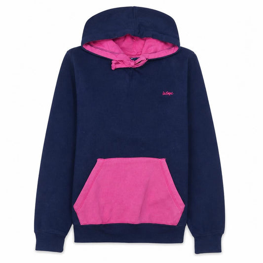 Front view of Lee Cooper women’s navy pink pullover hoodie, size UK 14, cotton blend