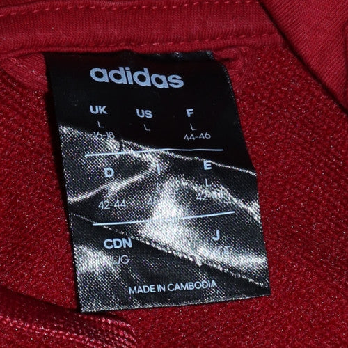 Adidas Women’s Red Full Zip Hoodie L Logo Print Drawstring Cotton Blend
