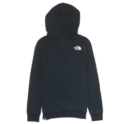 Brand and care label for The North Face boys’ black pullover hoodie l cotton fleece logo sweatshirt