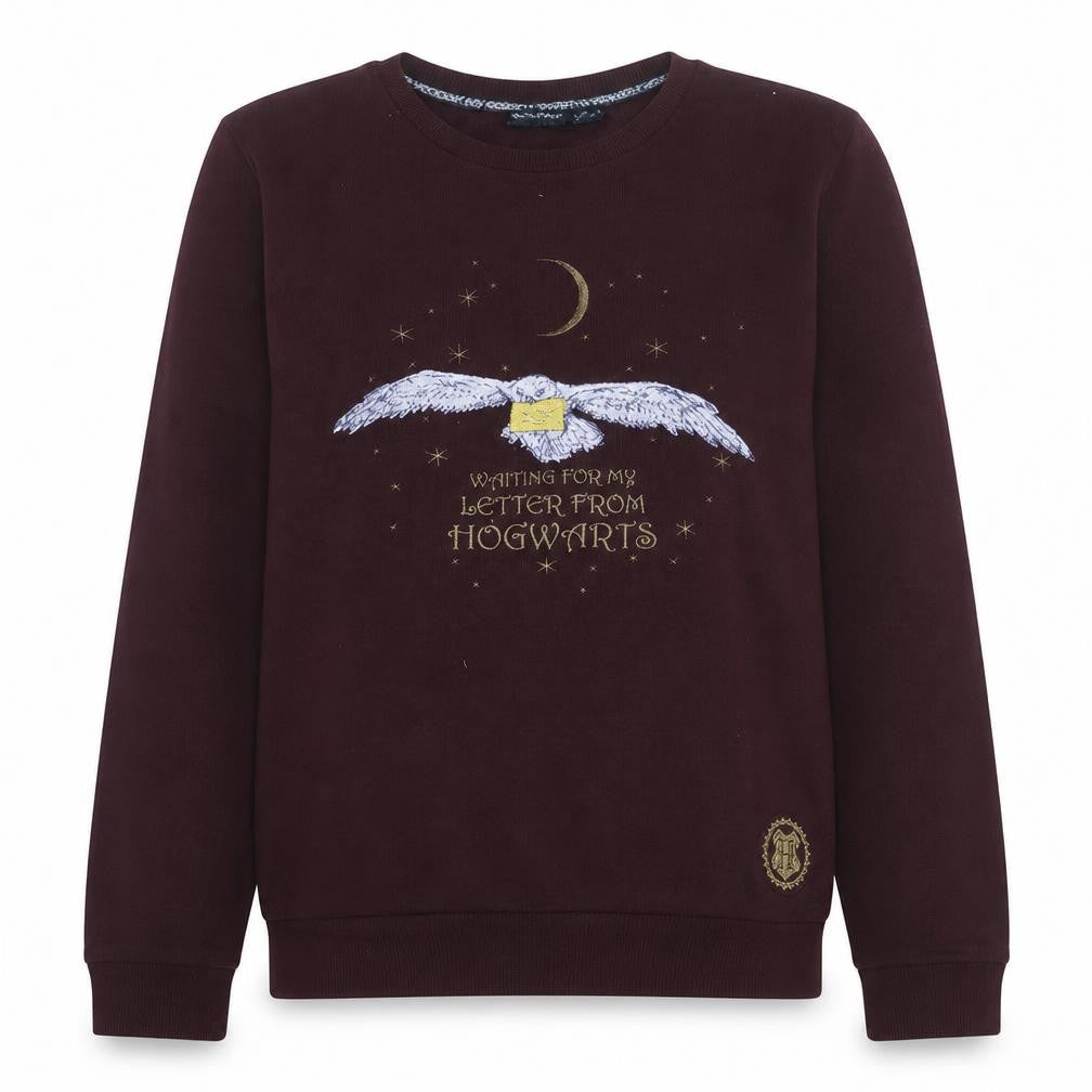 Harry Potter Womens Burgundy Sweatshirt M Crew Neck Hogwarts Owl Print