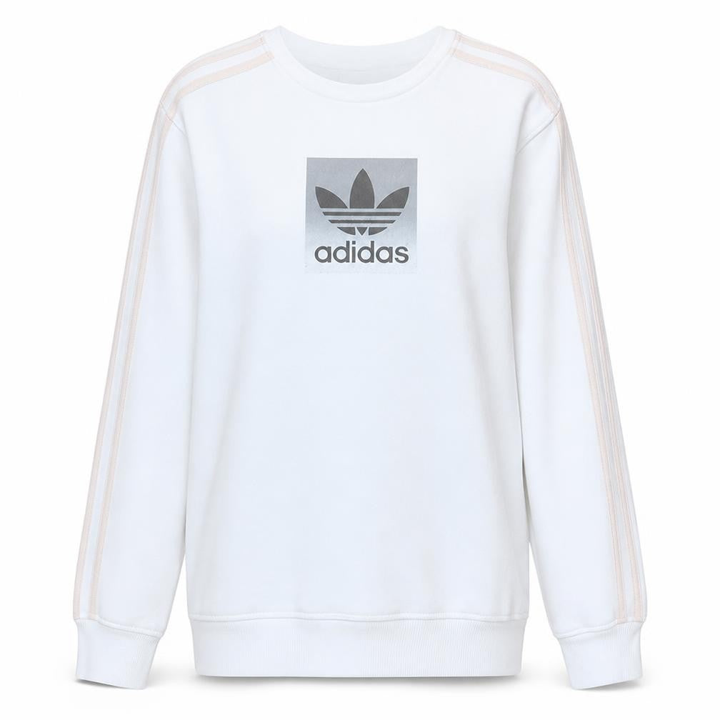 Adidas Girls White XL Pullover Sweatshirt with Logo Print and Striped Sleeves