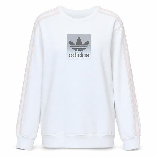 Front view of Adidas girls’ white xl pullover sweatshirt with logo print and striped sleeves