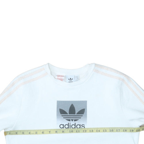 Adidas Girls White XL Pullover Sweatshirt with Logo Print and Striped Sleeves