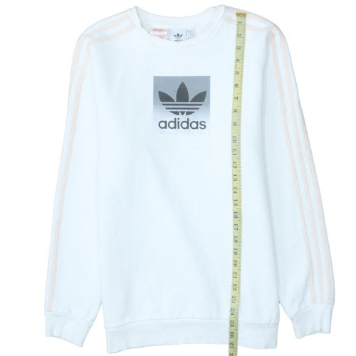 Adidas Girls White XL Pullover Sweatshirt with Logo Print and Striped Sleeves