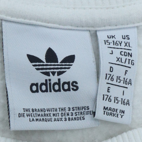 Adidas Girls White XL Pullover Sweatshirt with Logo Print and Striped Sleeves